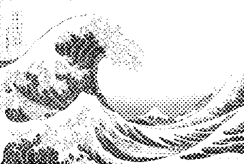 Halftone screen dithering example (1-bit, Great Wave)