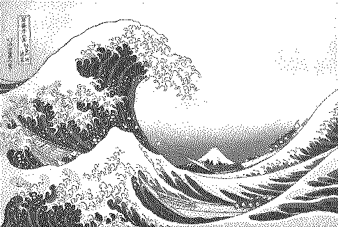 Variable-coefficient (Ostromoukhov-style) dithering example (1-bit, Great Wave)
