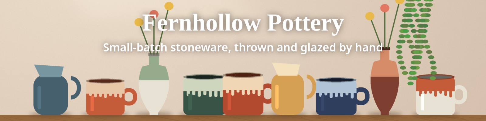 Etsy big shop banner made with this tool: a 1600×400 JPEG of a shelf of hand-glazed mugs with the shop name Fernhollow Pottery