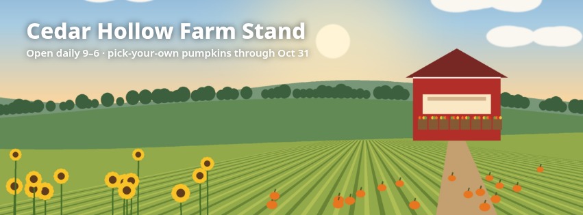 Facebook cover photo made with this tool: an 851×315 JPEG of a farm stand in late-afternoon fields with the headline Cedar Hollow Farm Stand in the upper left