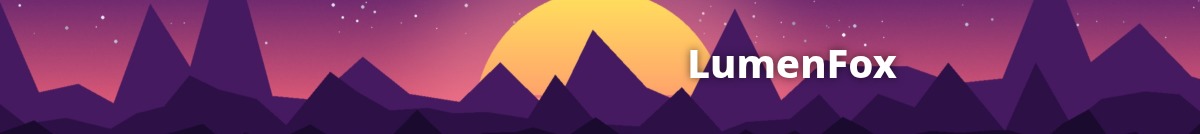 Kick channel banner made with this tool: a 1200×134 JPEG of a neon synthwave sunset over mountains with the channel name LumenFox right of centre