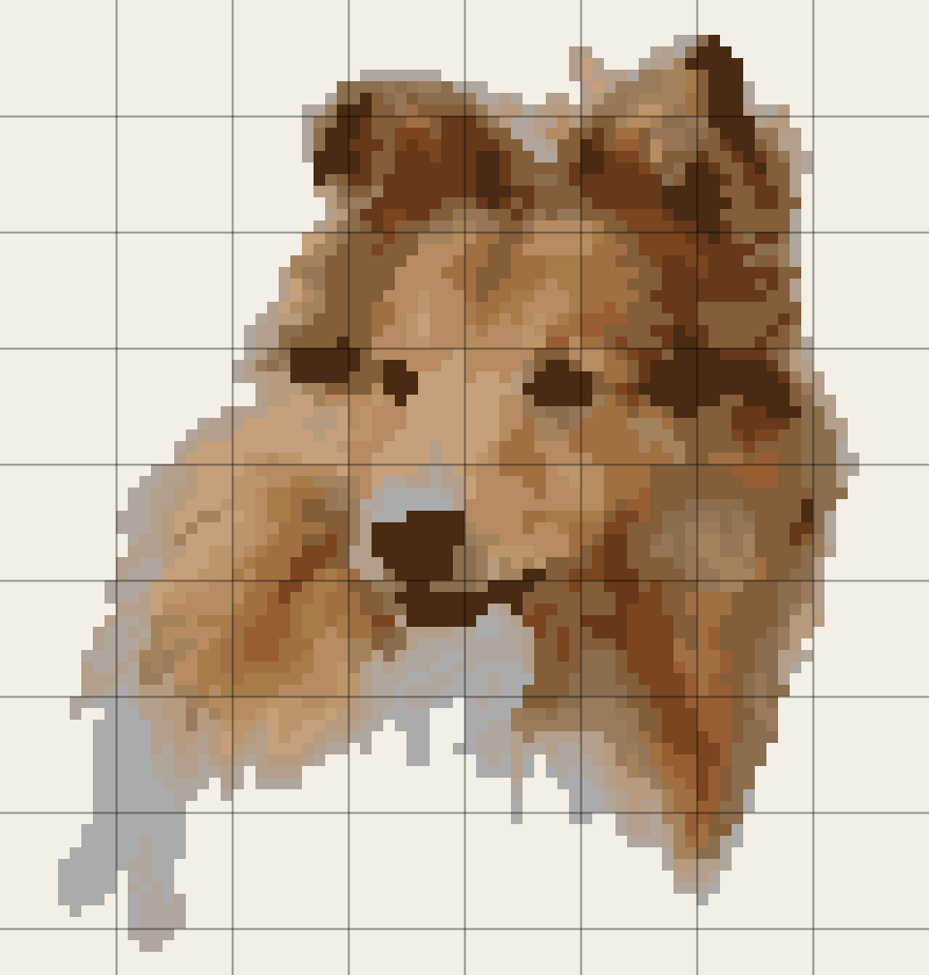 Cross-stitch pattern made from a photo of a sheltie, background left as bare fabric