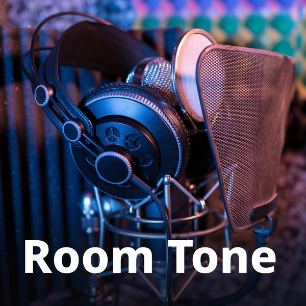 Podcast cover art made with this tool: a 3000×3000 JPEG of a studio microphone with headphones hung on it, in purple and teal light, with the title Room Tone in white at the bottom